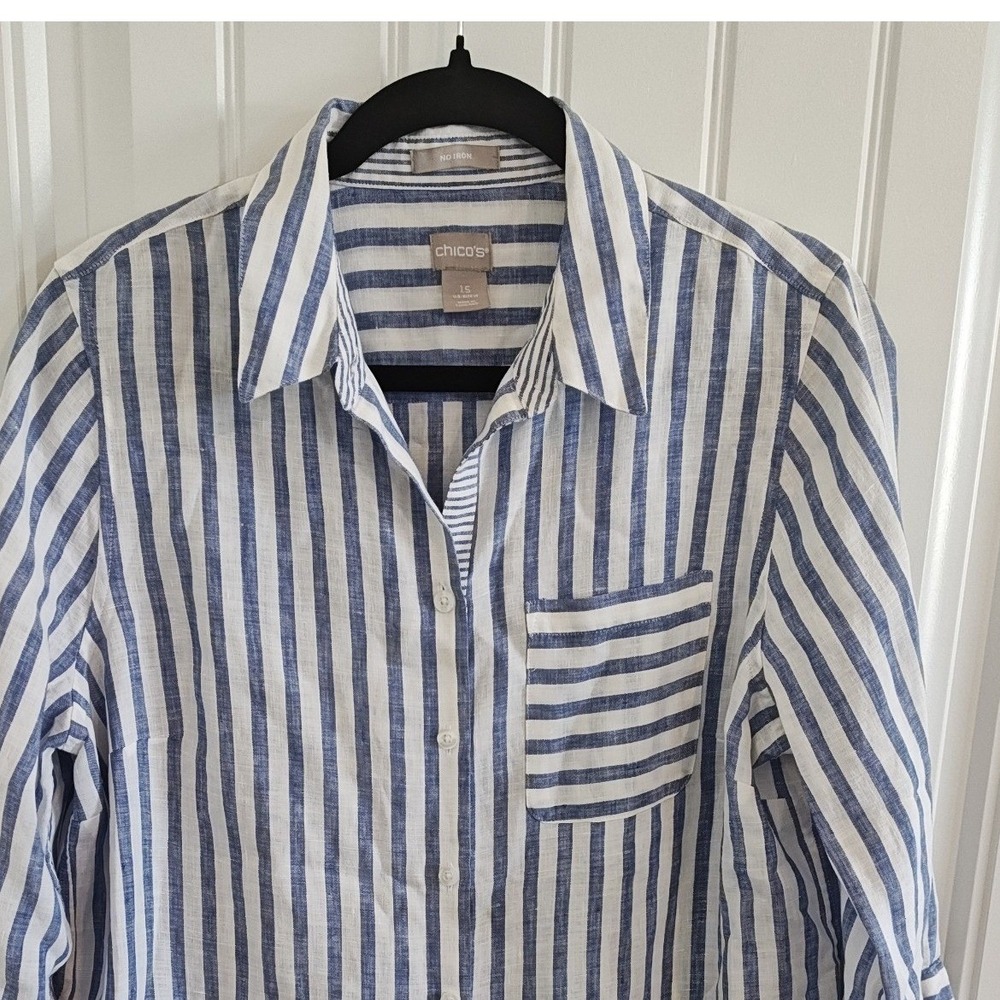 Women Size tag 1.5 US‎ 10 Chico's Blue White Striped Linen Button Down Shirt - Picture 2 of 16